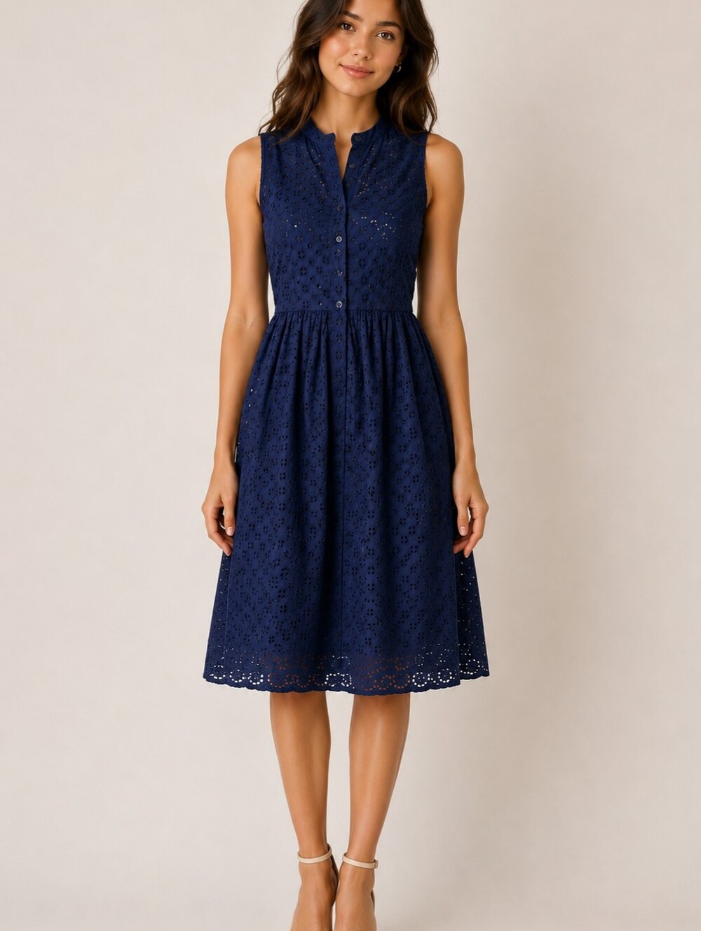 J.Crew Navy Eyelet Midi Dress Sleeveless Cotton Button Front Feminine Coastal